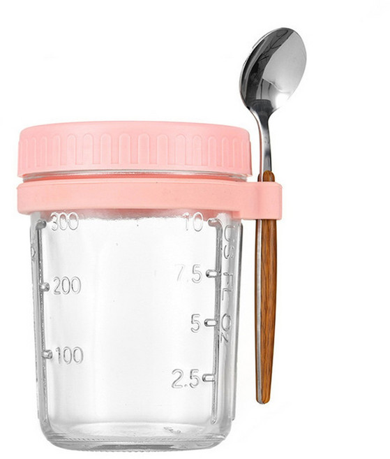 提手蓋 玻璃早餐燕麥杯 附湯匙 粉色 350ml, 1個