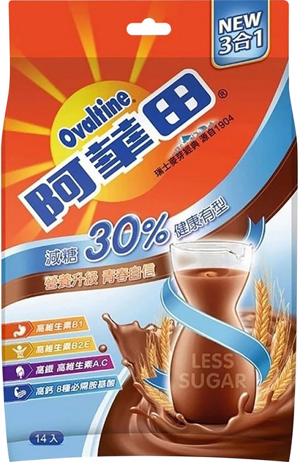 Ovaltine 阿華田 減糖營養巧克力麥芽飲品, 31g, 14包, 1袋