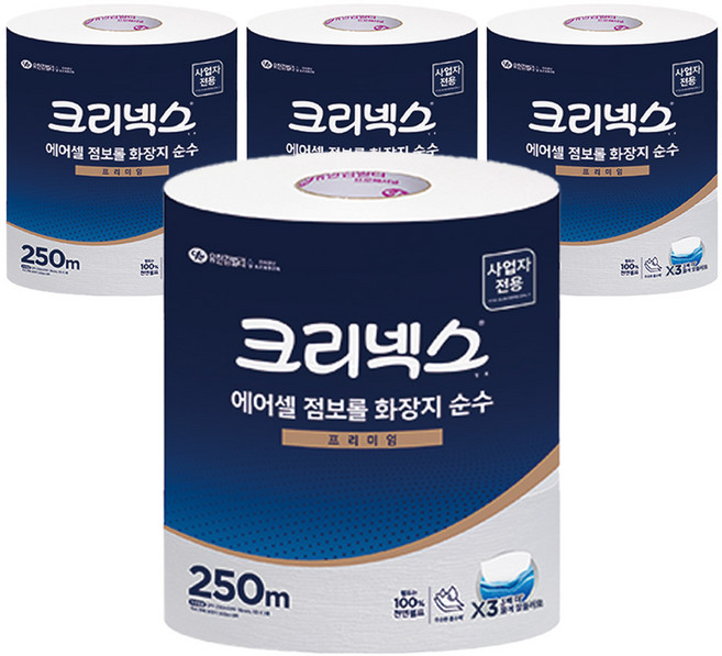 크리넥스 1겹 에어셀 점보롤 프리미엄 순수 화장지, 250m, 4개, 3개입