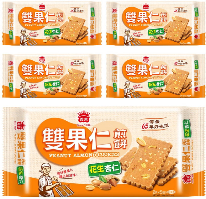 義美 雙果仁煎餅 花生杏仁, 100g, 5包