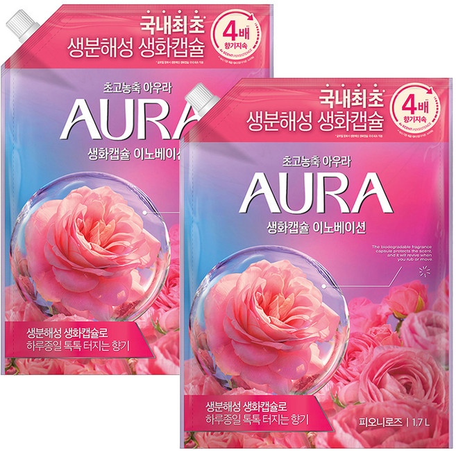 아우라 섬유유연제 피오니로즈향 리필, 1.7L, 1개입, 2개