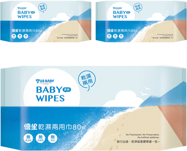 US baby 優生 乾濕兩用巾 清爽型, 80張, 3包