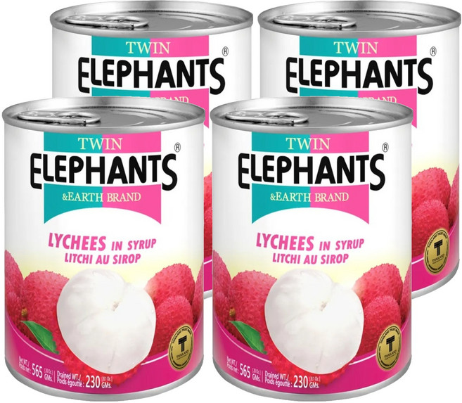 TWIN ELEPHANTS 雙象地球牌 糖水荔枝罐, 565g, 4罐