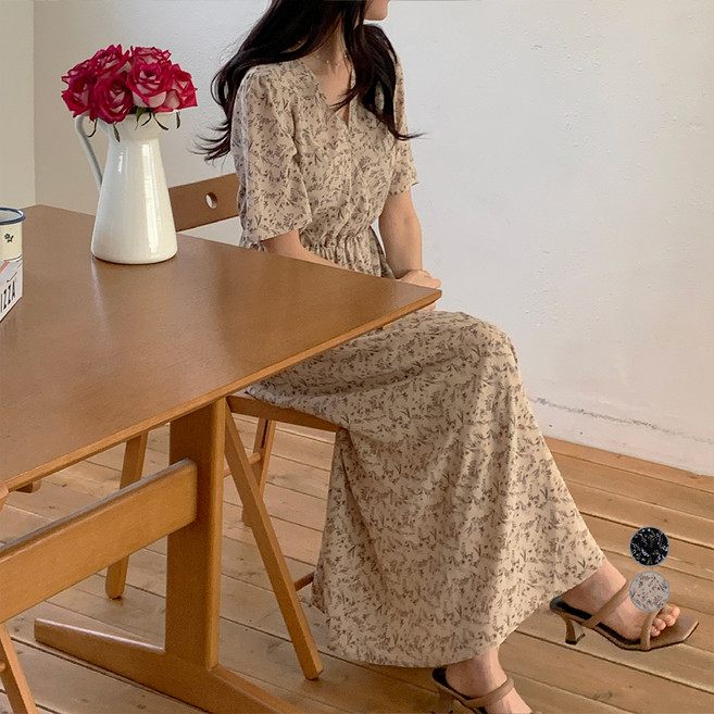 afinar 女款V領碎花短袖長版連身裙, 象牙白