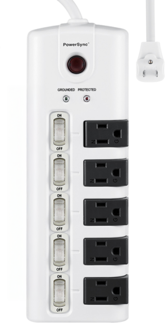 PowerSync 群加 5開5插防雷擊旋轉延長用電源線組 3孔 TS5X9018, 白色, 1個, 1.8m