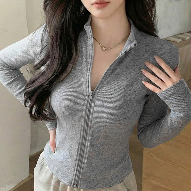 韓國 arua 女款立領修身雙向拉鍊開襟衫