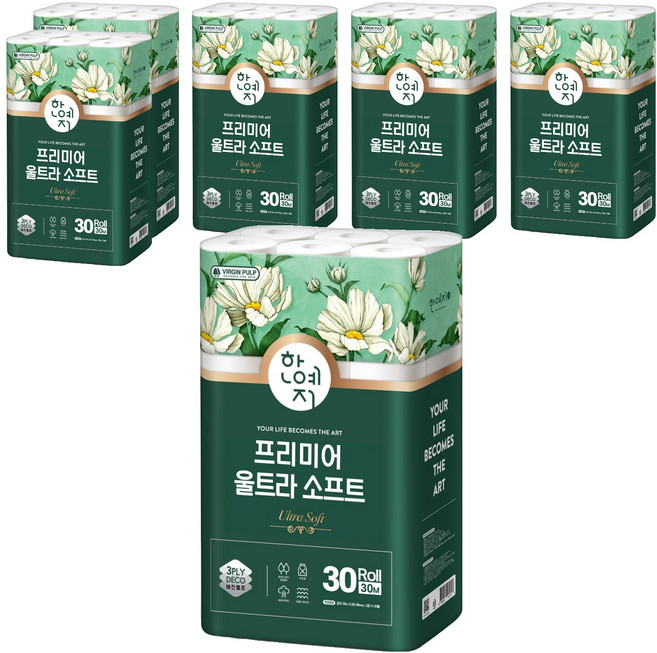 한예지 3겹 프리미어 울트라 소프트 천연펄프 화장지, 30m, 30롤, 6개
