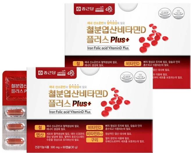 종근당 철분 엽산 비타민D 플러스, 60정, 2개 - 쿠팡