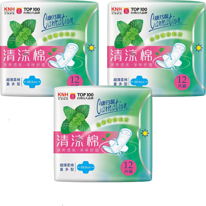 康乃馨 清涼棉衛生棉 量多型, 25.5cm, 12片, 3包