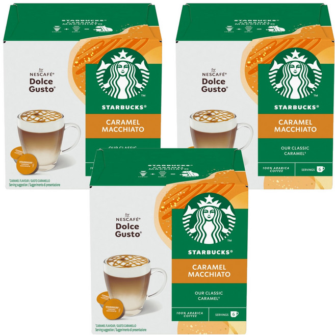 STARBUCKS 星巴克 焦糖瑪奇朵咖啡膠囊 咖啡膠囊5.5g 6顆 + 牛奶膠囊15.8g 6顆, 3盒, 21.3g, 12顆