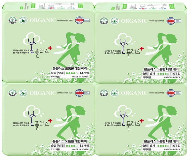 유기농본 본플러스 도톰한 유기농 생리대, 대형, 14개입, 4개