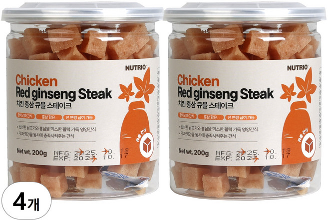 뉴트리오 반려견 스테이크 간식, 혼합맛(홍삼/치킨큐블), 200g, 4개