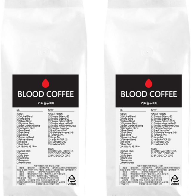블러드커피 블랙시그니처 블렌드 원두, 홀빈(분쇄안함), 1kg, 2개