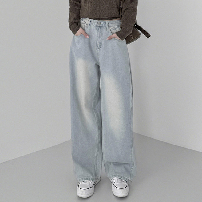 유라잇 여성용 기본/롱 유핏 3탄 사이드폴딩 벌룬핏 와이드 데님팬츠 322233