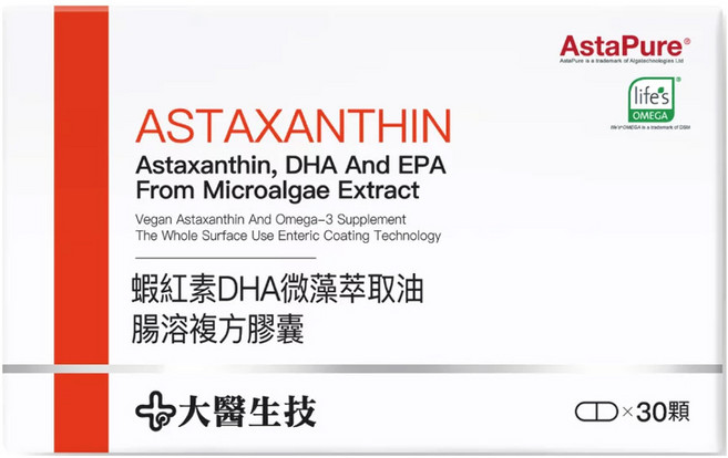 大醫生技 蝦紅素DHA微藻萃取油腸溶複方膠囊, 30顆, 0.6g, 1盒