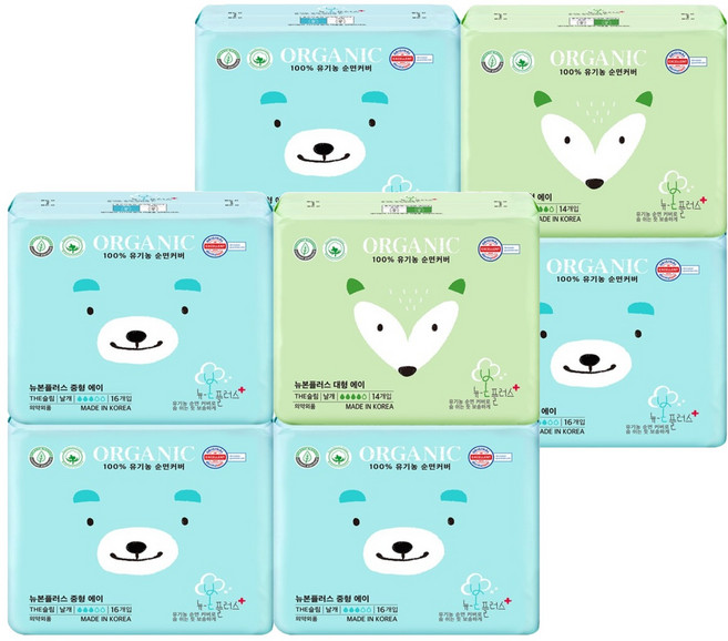 유기농본 뉴본플러스 슬림한 유기농 생리대 중형16개입 3팩 + 대형14개입 1팩, 2세트