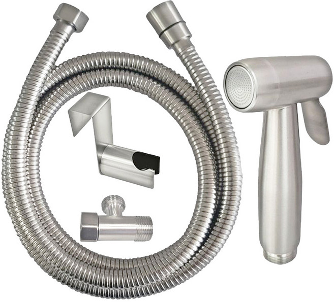 LEADER 麗達 多用途不繡鋼強力清潔沖洗全配組 ND104-15 沖洗器 + 沖洗器軟管1.5m + 三通 + 馬桶掛座 4分 490g, 銀色, 1組