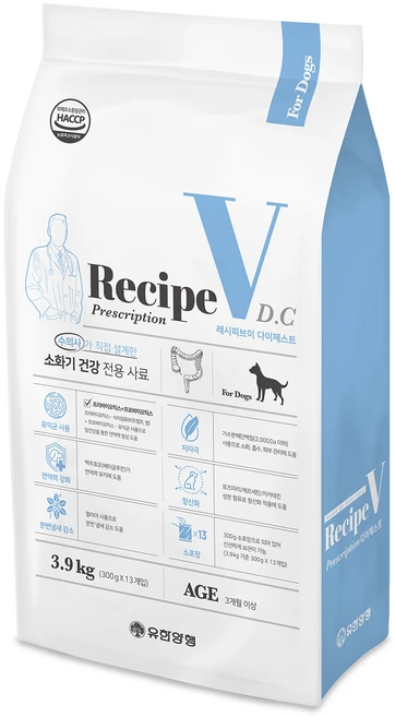 유한양행레시피브이 강아지 처방식사료, 소화기능/췌장/위개선, 3.9kg, 1개 - 쿠팡