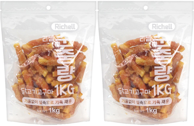 리첼사사미 강아지 간식, 혼합맛(닭고기/고구마), 1kg, 2개