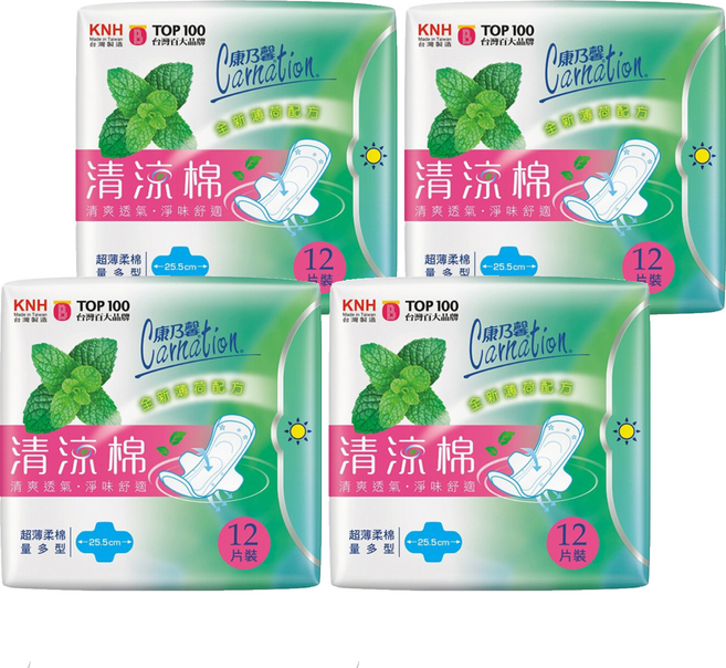 康乃馨 清涼棉衛生棉 量多型, 25.5cm, 12片, 4包