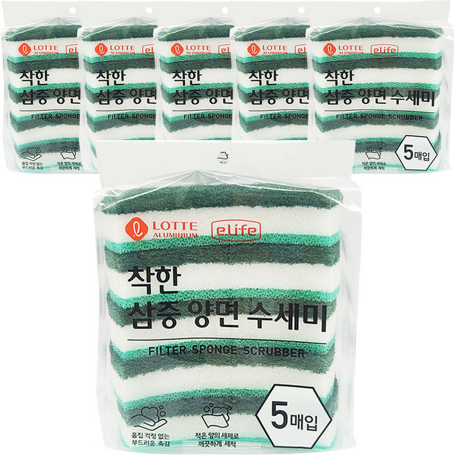 롯데이라이프 착한 삼중 양면 수세미, 5개입, 6개