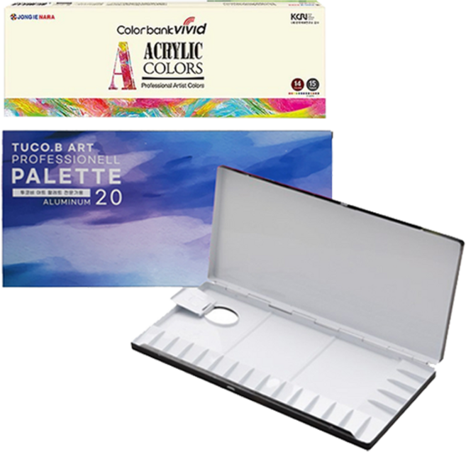 투코비 프리미엄 알루미늄 미술용 팔레트 + 종이나라 비비드컬러 아크릴 물감 15종 x 12ml 세트, 1세트, 20칸