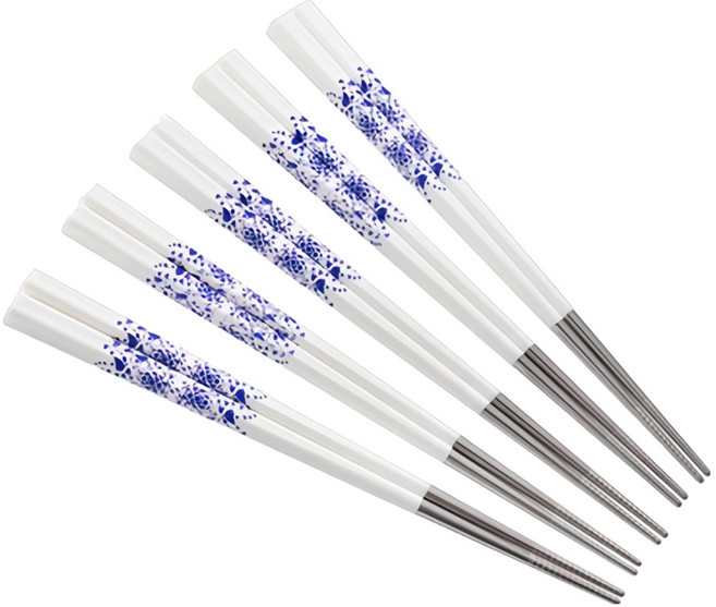 BUFFALO 牛頭牌 小牛彩晶鋼筷 長23cm, 5雙筷子, 白色青花瓷, 1組