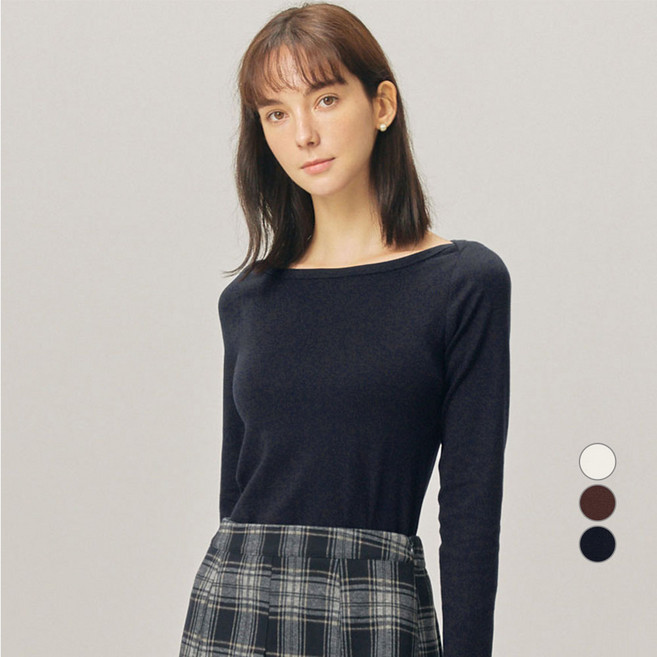 ELLE PARIS 여성용 슬림핏 보트넥 소프트코튼 긴팔 티셔츠