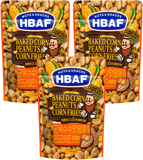바프 군옥수수맛 땅콩 앤 콘프라이즈 가미땅콩, 120g, 3개