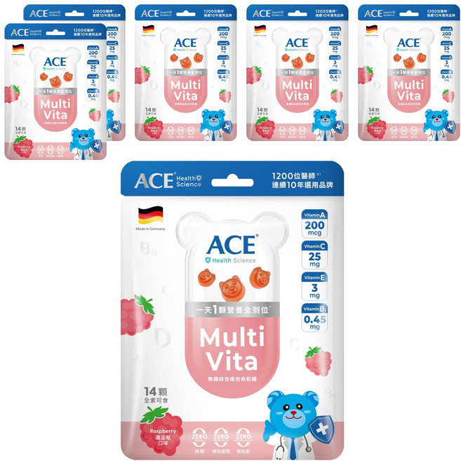 ACE Health Science 無糖綜合維他命軟糖 覆盆莓口味, 2g, 14顆, 6包