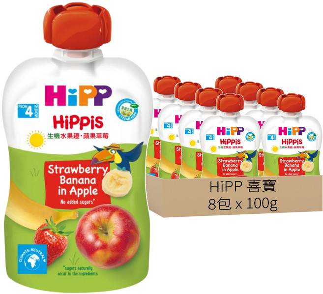 HiPP 喜寶 生機水果趣 蘋果草莓 4個月以上, 100g, 8包