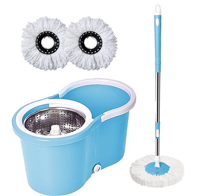 Moomark 不鏽鋼旋轉拖把 + 桶子 + 2塊拖布 藍色, 1組