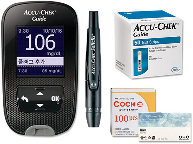 로슈 아큐첵 가이드 혈당계 + 시험지 50p + 호환침 100p + 솜 100p 세트, Accu-Chek Guide Set MG/DL SC, 1세트