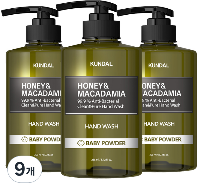 쿤달 허니 앤 마카다미아 클린 앤 퓨어 핸드워시 베이비파우더, 258ml, 9개