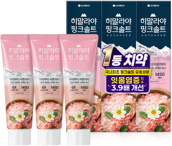 히말라야핑크솔트 1450 고불소 잇몸전문 플로럴민트 치약, 100g, 3개