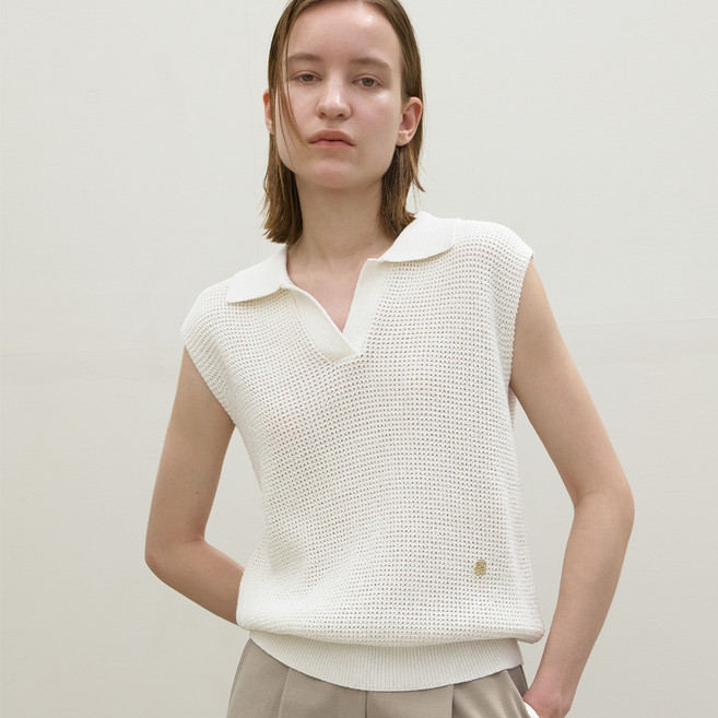 AtelierNain 女款有領寬鬆粗針織背心 T-6831