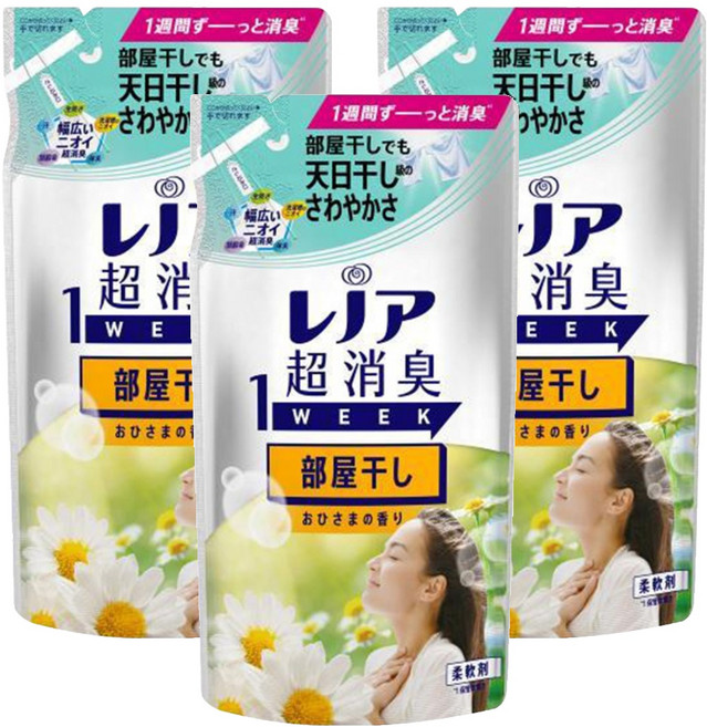 Lenor 蘭諾 日本原裝進口 1WEEK 超強除臭衣物柔軟精補充包 室內晾曬 太陽香, 380ml, 3包