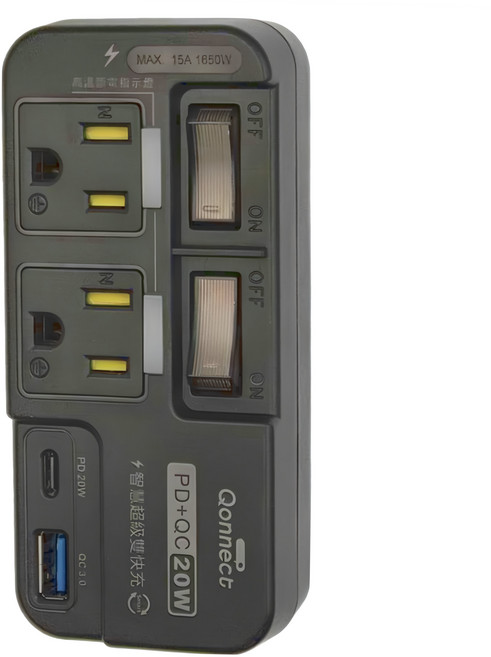 Qonnect 2開2插3P高溫斷電 PD + QC 20W, 黑色, 1個