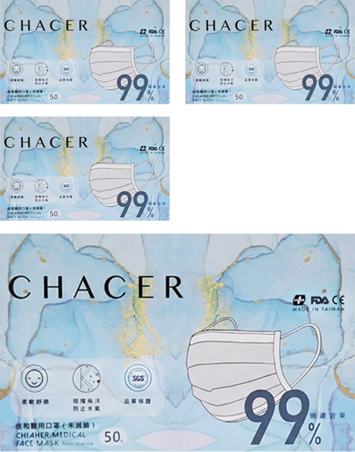 CHACER 佳和口罩 成人醫用口罩, 50片, 4盒, 冰雪藍