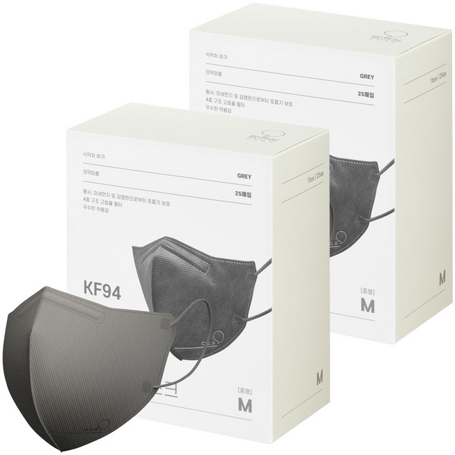 맘편히 보건용 마스크 새부리형 중형 M KF94, 25개입, 2개, 그레이