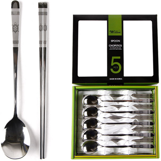 윌리브 국산 스텐 거북이 수저세트, 실버, 숟가락 5P + 젓가락 5P + 케이스, 1세트