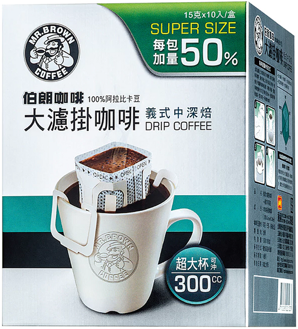 金車 MR.BROWN 伯朗咖啡 大濾掛咖啡 義式中深焙, 15g, 1盒, 10包