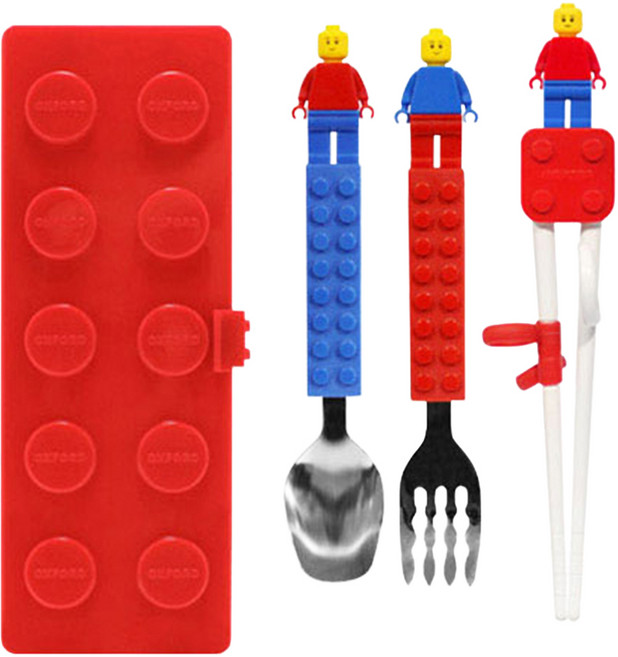 OXFORD TOY 積木造型餐具組, 湯匙 + 叉子 + 學習筷 + 收納盒, 顏色隨機, 1組