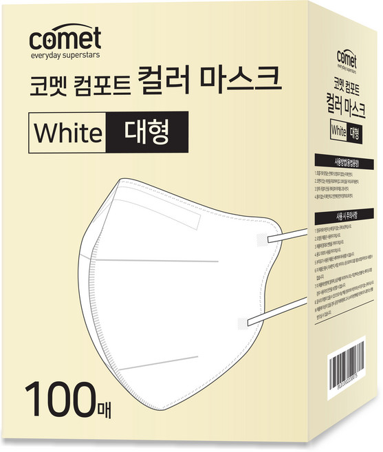 코멧 컴포트 컬러 마스크 새부리형 대형 (레귤러핏), 100개입, 1개, 화이트