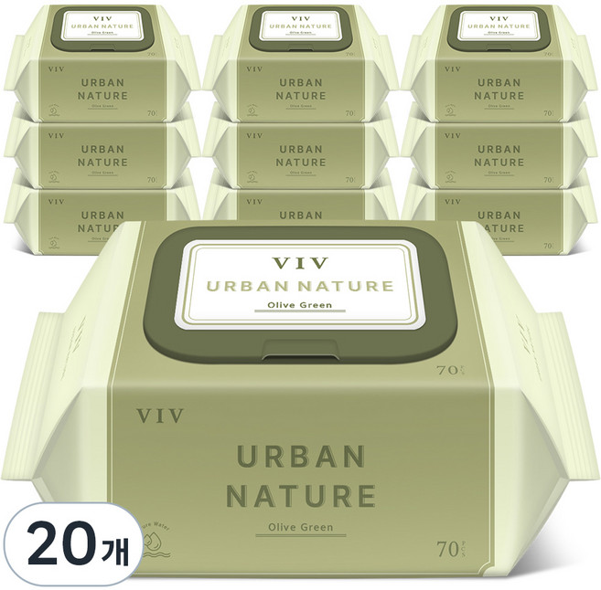 비브어반네이처 저자극 아기물티슈 캡형 올리브 그린, 75g, 70매, 20세트
