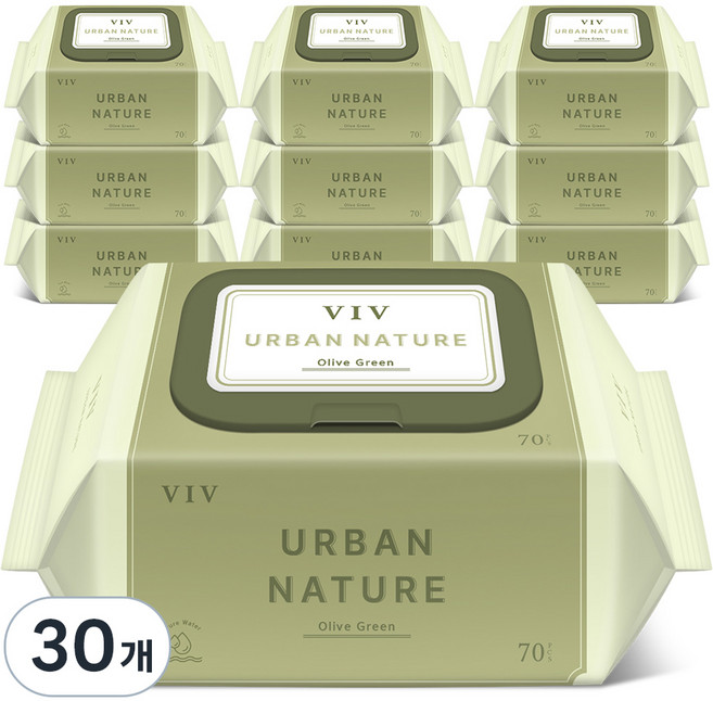 비브어반네이처 저자극 아기물티슈 캡형 올리브 그린, 75g, 70매, 30개
