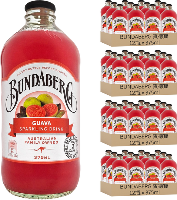 BUNDABERG 賓德寶 紅心芭樂風味氣泡飲, 375ml, 48瓶
