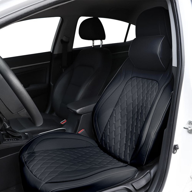 대한오토모빌 자동차 차량용 사계절 가죽 시트커버 올인원 리큐어 앞좌석용 풀커버 넥쿠션 세트, 블랙, 1세트