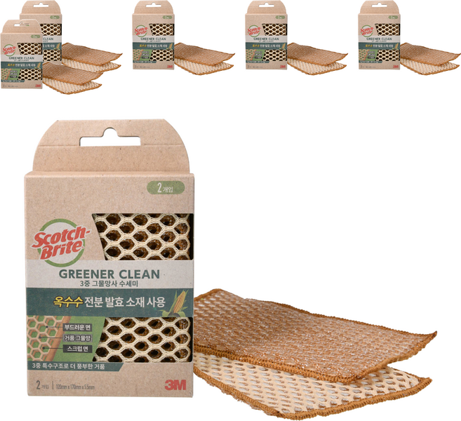 스카치브라이트 그리너클린 옥수수발효 3중 그물망사 수세미, 2개입, 6개
