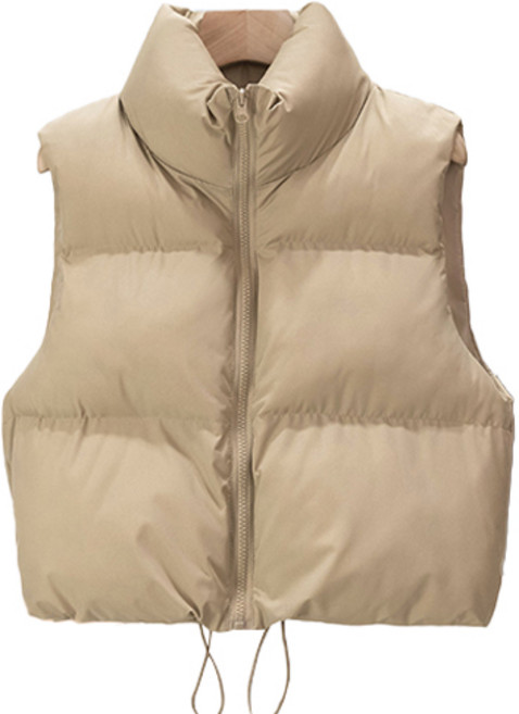 구디프 여성용 하이넥 하단 스트링 보온 패딩조끼